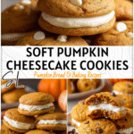 Pumpkin Cheesecake Cookies Recipe | Soft Pumpkin Cookies with Cream Cheese Filling 4 Soft pumpkin cookies with creamy cheesecake filling displayed on a fall-themed plate.