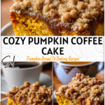 Pumpkin Coffee Cake Recipe from The Food Charlatan 4 Golden pumpkin coffee cake slice with crumble topping beside a cup of pumpkin spice coffee 2