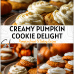 Pumpkin Cookies with Cream Cheese Frosting | Quick & Easy Fall Dessert 4 Soft frosted pumpkin cookies topped with creamy frosting on a rustic fall table scene.