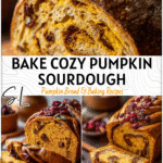 Pumpkin Sourdough Bread with Spice, Cranberries & Cozy Fall Flavors 6 Golden pumpkin sourdough loaf topped with cranberries and warm cinnamon swirl on a rustic board 2