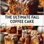 Pumpkin Spice Coffee Cake Recipe for Fall Brunch 4 Freshly baked Pumpkin Spice Coffee Cake with crumb topping and powdered sugar on a rustic fall brunch table.