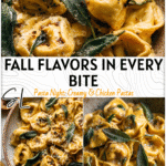 Pumpkin Tortellini With Sage Brown Butter Sauce 4 Pumpkin tortellini with sage leaves and brown butter sauce served in a rustic bowl
