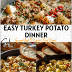 Savory Ground Turkey & Potato Skillet: Easy Dinner Option Everyone Loves 4 Close-up of a savory skillet of ground turkey and potatoes with rustic bread serving on the side.