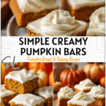 Simple Pumpkin Bar Cookies with Creamy Frosting | Easy Fall Treats 4 Golden pumpkin bar cookies with cream cheese frosting arranged on a fall-themed plate.