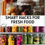 Smart Food Storage Hacks to Keep Produce Fresh & Save Money 4 Colorful fruits and vegetables in reusable bags and jars showing tips for storing food safely and keeping produce fresh.