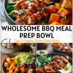 Smoky Chicken & Sweet Potato Bowls | Easy Low Carb Protein Recipe 4 Colorful bowl topped with bbq chicken, roasted sweet potatoes, avocado, and greens served on a rustic table.