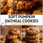 Soft & Chewy Pumpkin Oatmeal Cookies Recipe for Fall 4 Stack of soft pumpkin oatmeal cookies with oats and chocolate chips on a rustic plate.