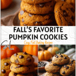 Soft Pumpkin Spiced Cookies Everyone Will Love This Fall 4 Soft pumpkin spiced cookies with chocolate chips on a rustic fall table.