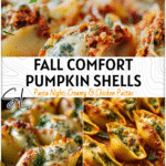 Spicy Pumpkin & Pesto Cheese Stuffed Shells for Cozy Fall Nights 4 Golden Stuffed Shells Pumpkin baked with pesto, cheese, and creamy pumpkin filling in a cozy fall dish.