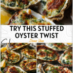 Stuffed & Grilled Oysters Rockefeller: A Tasty Coastal Twist 4 Grilled stuffed oysters with melted Rockefeller Sauce and herbs on a coastal-themed platter.