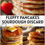 Super Easy Sourdough Discard Pancakes in Minutes 4 Stack of golden Super Easy Sourdough Discard Pancakes with butter and syrup on a rustic plate