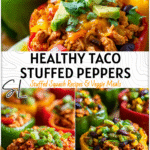 Taco Stuffed Peppers | Healthy Baked Bell Peppers for Easy Meal Prep 4 Colorful baked bell peppers stuffed with seasoned chicken, beans, and veggies for a healthy taco meal.