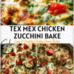 Tex Mex Chicken and Zucchini Bake Healthy Dinner Idea 4 Baked Tex Mex chicken and zucchini casserole topped with melted cheese and herbs on a rustic pan. 2