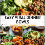 Viral Sweet Potato & Ground Beef Bowls With Avocado 4 Colorful bowl with roasted sweet potatoes, seasoned ground beef, fresh avocado slices, and greens.