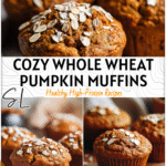 Whole Wheat Pumpkin Protein Muffins for a Cozy Morning Boost 4 Freshly baked whole wheat pumpkin protein muffins topped with oats and cinnamon on a kitchen counter. 2