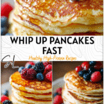 10-Minute High Protein Cottage Cheese Pancakes Recipe for a Quick Hot Breakfast 5 Stack of fluffy High Protein Cottage Cheese Pancakes topped with berries and honey on a breakfast plate.