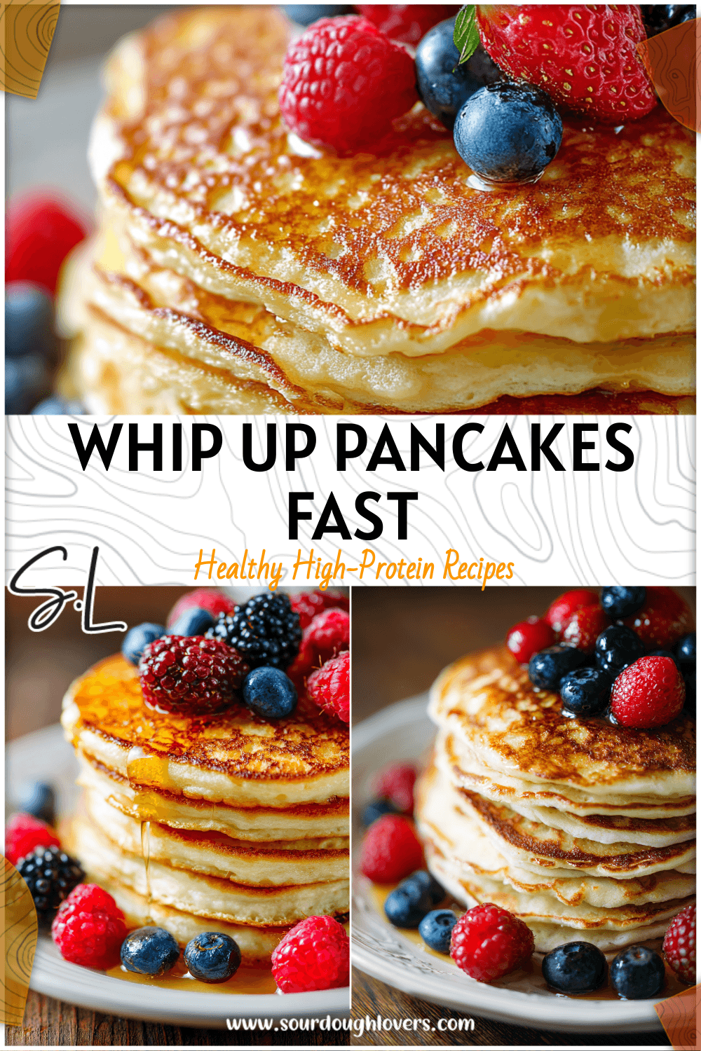 Stack of fluffy High Protein Cottage Cheese Pancakes topped with berries and honey on a breakfast plate.