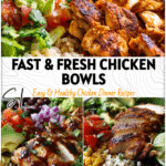 A colorful Chicken Bean Bowl with rice, beans, veggies, and grilled chicken served in a Loaded Bowl.