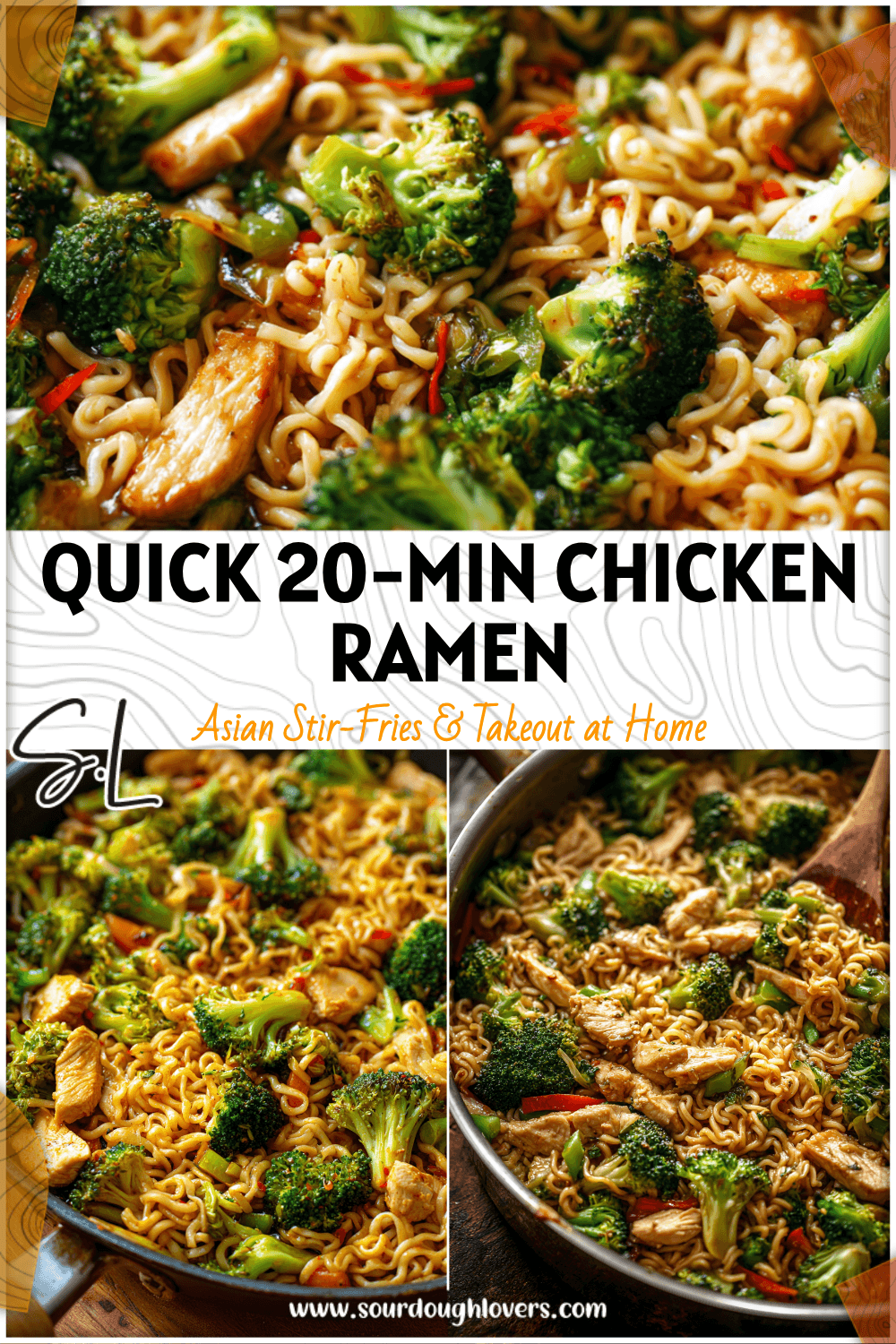 Colorful skillet of chicken veggie ramen stir fry with broccoli and noodles in glossy sauce.