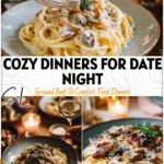A candlelit table set for a cozy Couples Dinner featuring Comfort Pasta Dishes and Fancy Dinner Recipes.
