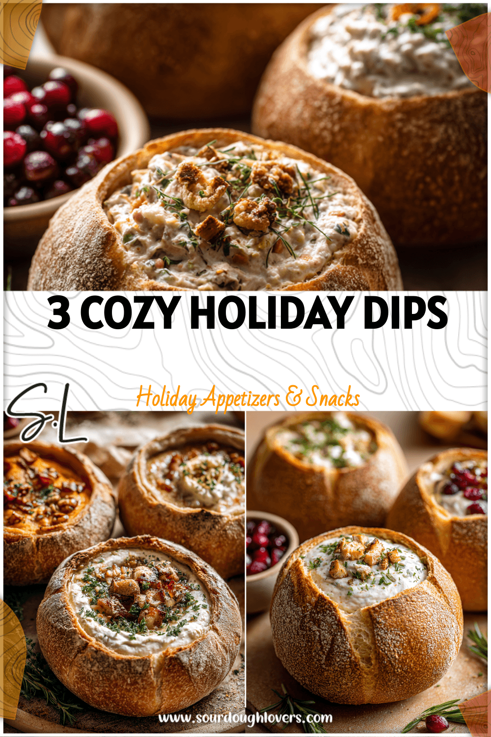 Rustic sourdough bread bowls filled with three creamy holiday dips on a festive table