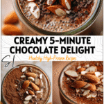 Glass jar filled with rich Chocolate Almond Butter Chia Pudding topped with cacao and sliced almonds.