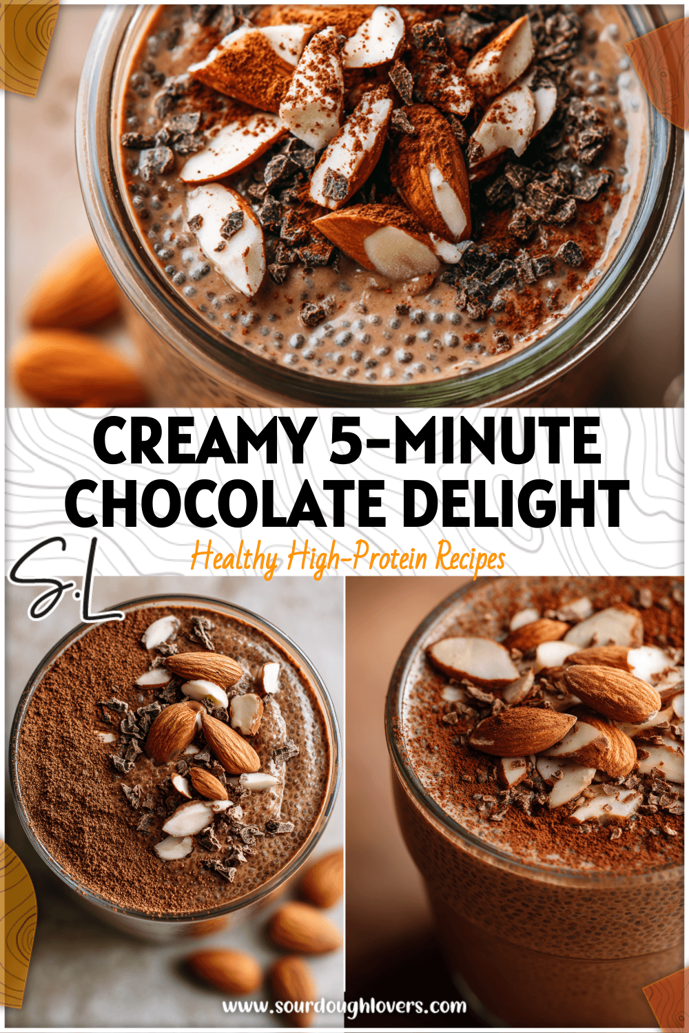Glass jar filled with rich Chocolate Almond Butter Chia Pudding topped with cacao and sliced almonds.