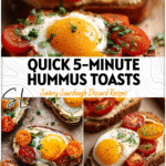 Sourdough toast topped with creamy hummus, sunny eggs, and sliced tomatoes styled for Morning Toast plating.