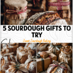 Rustic sourdough jars and wrapped loaves styled as Free Homemade Christmas Gifts with festive ribbons.