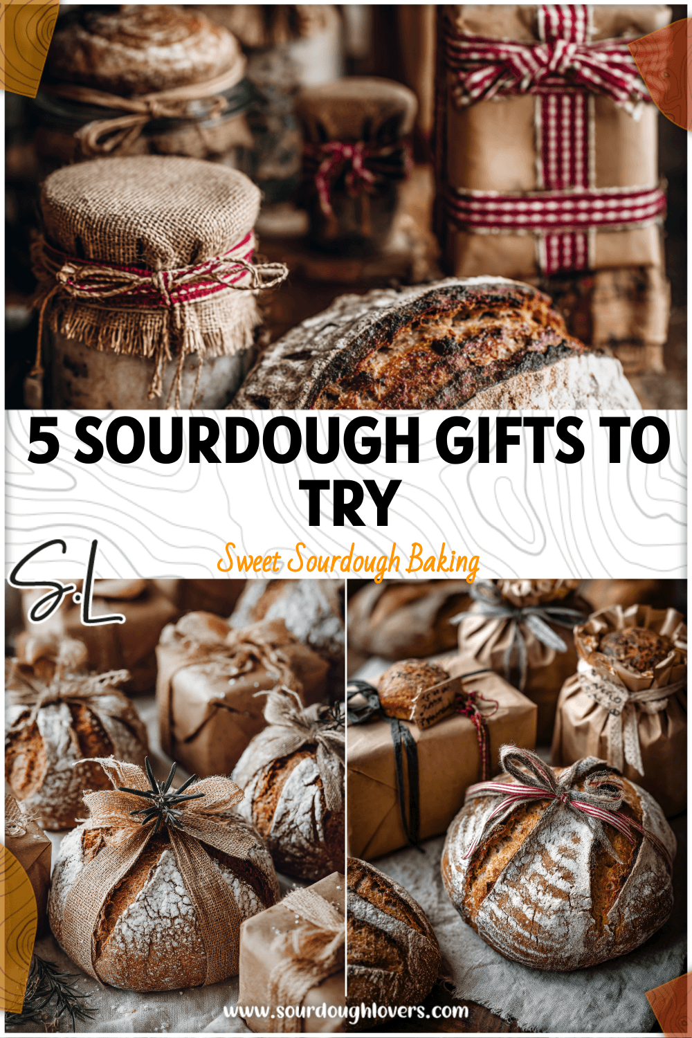 Rustic sourdough jars and wrapped loaves styled as Free Homemade Christmas Gifts with festive ribbons.