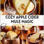 Copper mug filled with Apple Cider Moscow Mule topped with apple slices and cinnamon sticks.
