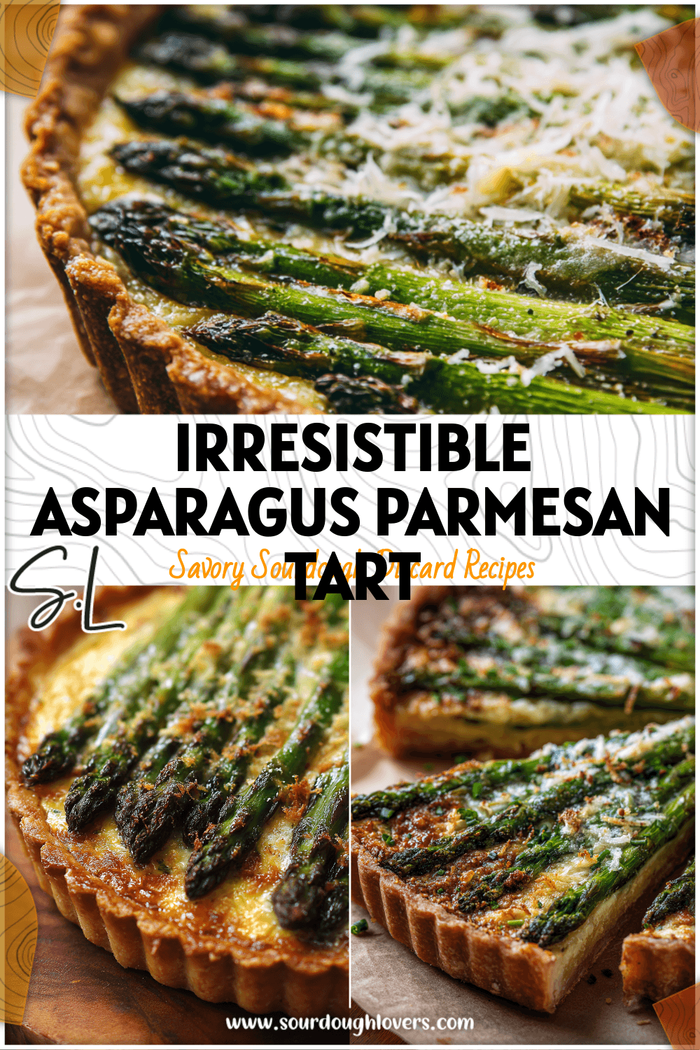 Golden sourdough tart topped with lemon butter parmesan asparagus and toasted edges.