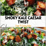Fresh Kale Caesar Salad with BBQ sourdough croutons, Caesar Dressing, and Grated Parmesan Cheese on a white plate