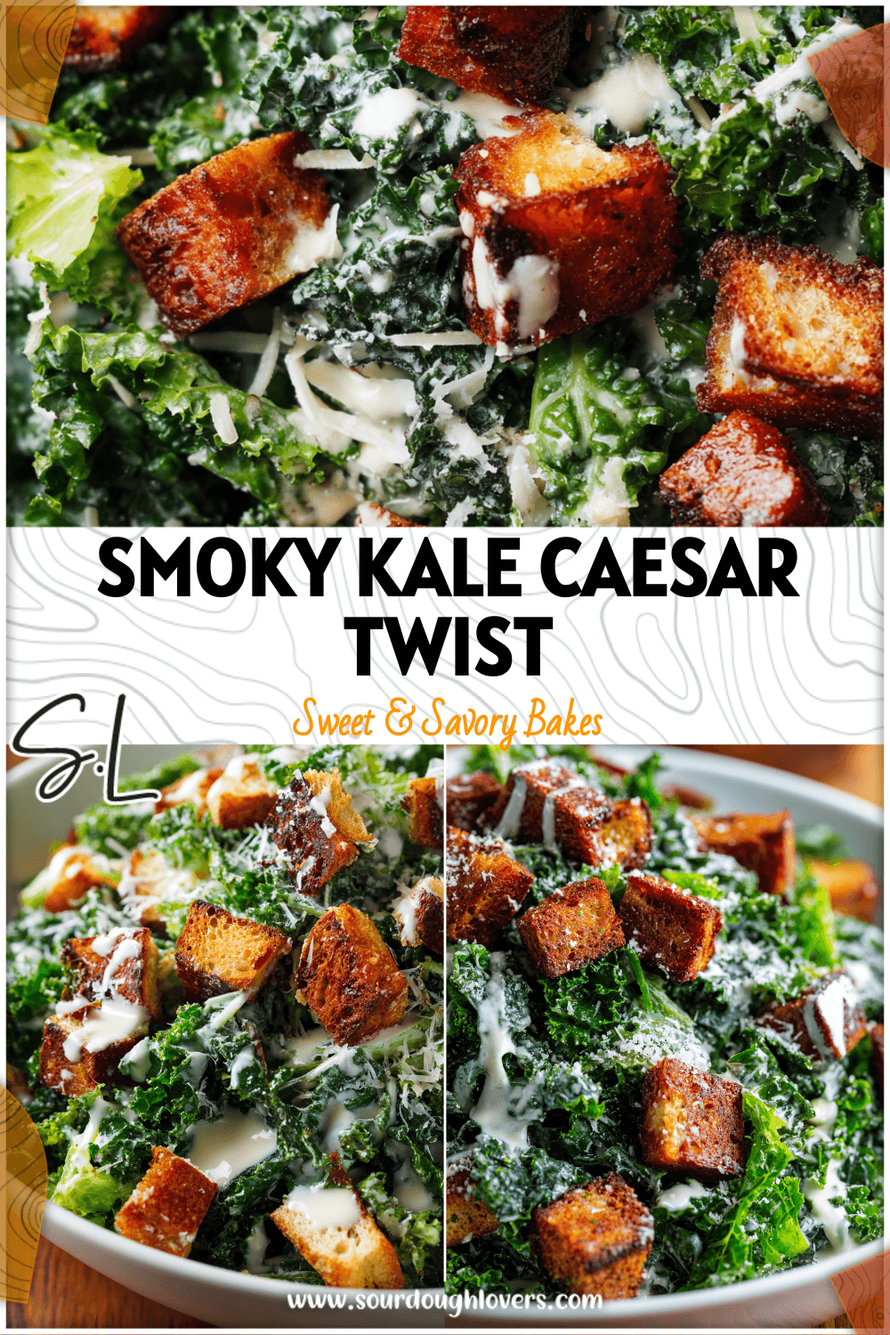 Fresh Kale Caesar Salad with BBQ sourdough croutons, Caesar Dressing, and Grated Parmesan Cheese on a white plate