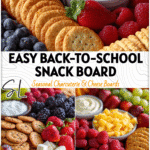 Back-to-School Snack Board for Teacher Parties & Breakfasts 5 Colorful back-to-school snack board with fruit, crackers, and dips arranged for a teacher party breakfast.