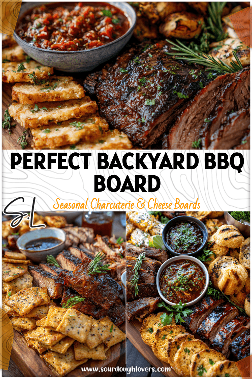 A rustic barbeque charcuterie board with grilled meats, sourdough crisps, and picnic-style sides displayed outdoors.