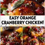 Crispy baked chicken thighs coated with orange cranberry balsamic glaze and garnished with herbs.