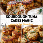 Baked sourdough tuna cakes with creamy dip on a wooden tray for coffee party or holiday serving.