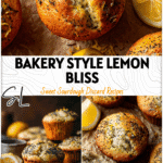 Fluffy bakery style lemon and poppyseed muffins with sourdough texture sprinkled with zest and seeds.