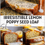 Best Lemon Poppy Seed Sourdough Loaf Recipe 5 Golden brown Lemon Poppy Seed Sourdough Loaf sliced on a wooden board with lemon glaze drizzle.