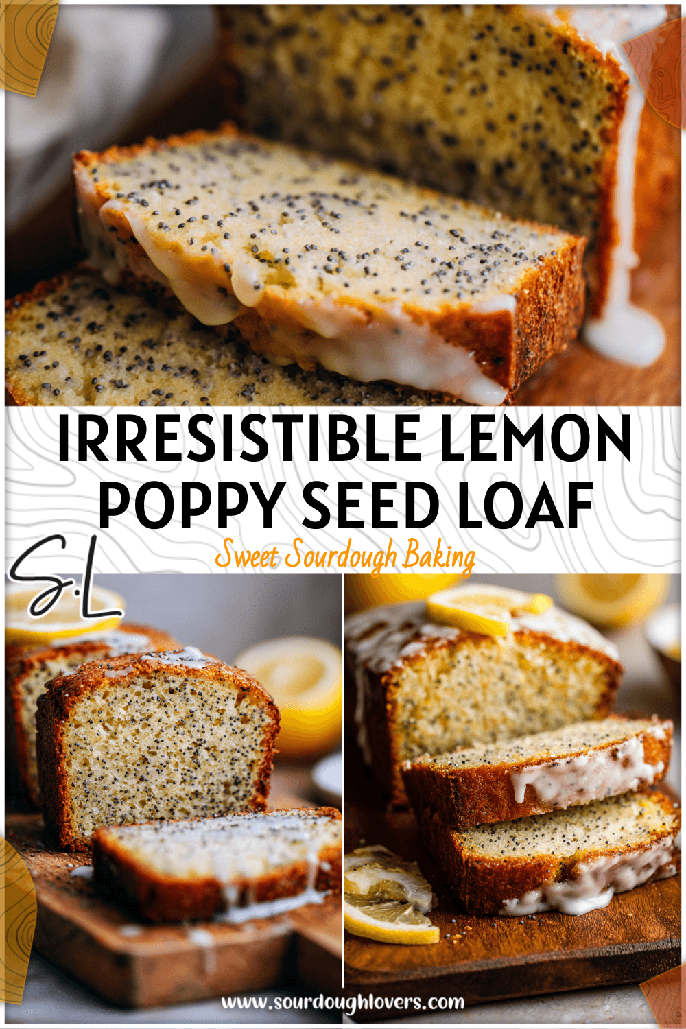 Golden brown Lemon Poppy Seed Sourdough Loaf sliced on a wooden board with lemon glaze drizzle.