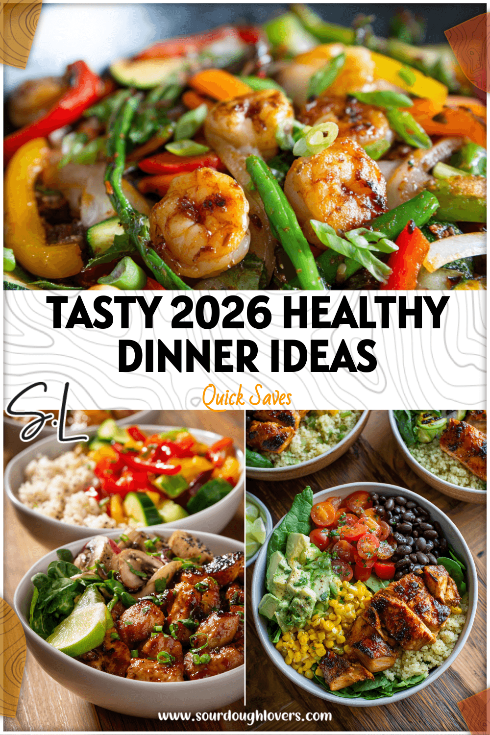 Three flavorful healthy dinners served in bowls with colorful veggies and lean proteins on a wooden table.