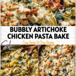 Cheesy Chicken Artichoke Pasta bake with spinach and golden crust served in a rustic pan