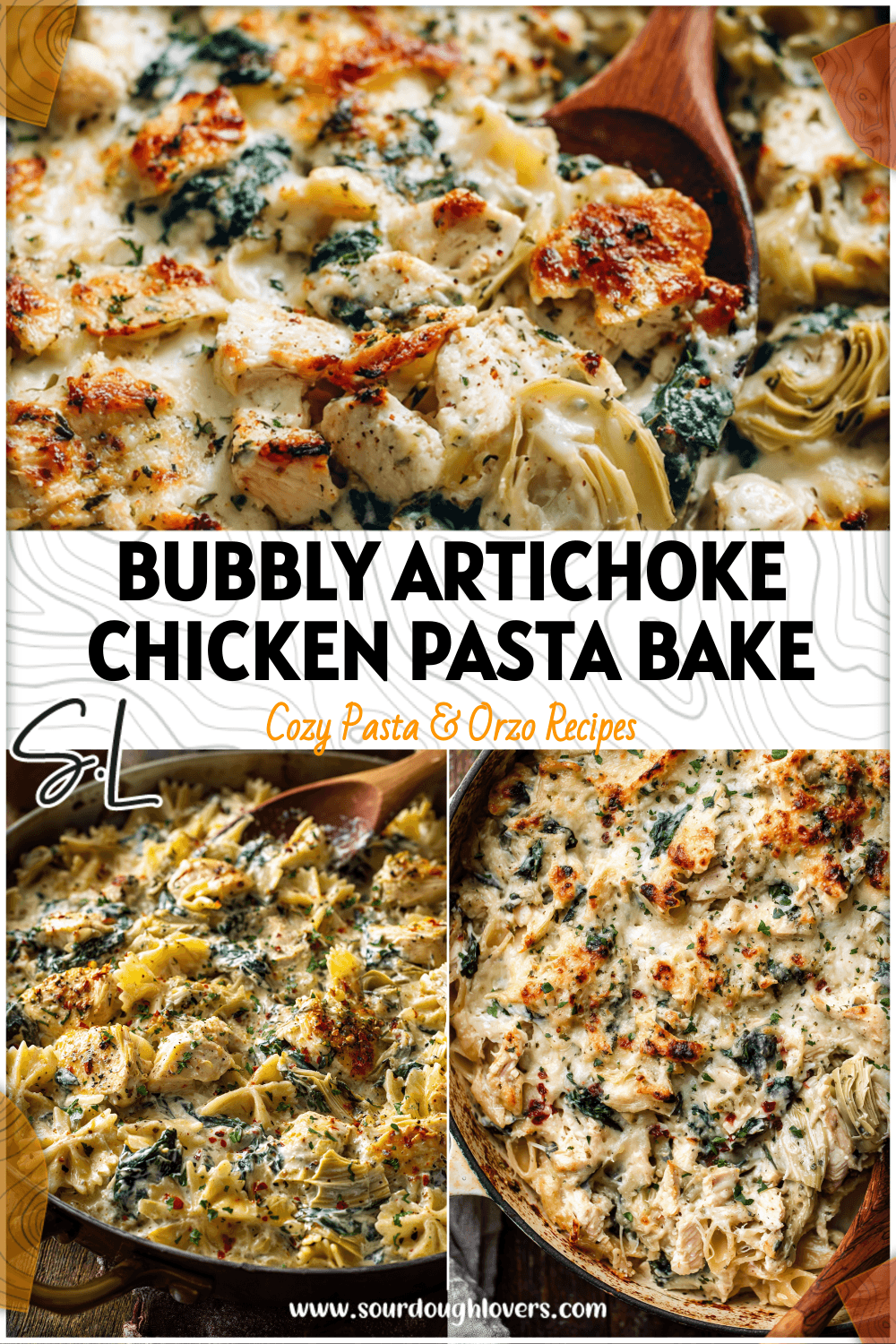Cheesy Chicken Artichoke Pasta bake with spinach and golden crust served in a rustic pan