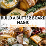 A rustic butter charcuterie board with breads, festive spreads, and holiday butter arranged on a wooden platter.