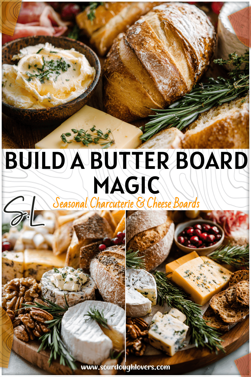 A rustic butter charcuterie board with breads, festive spreads, and holiday butter arranged on a wooden platter.