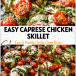Skillet filled with golden chicken breasts topped with tomatoes, basil, and melted mozzarella for a Caprese Chicken Recipe.