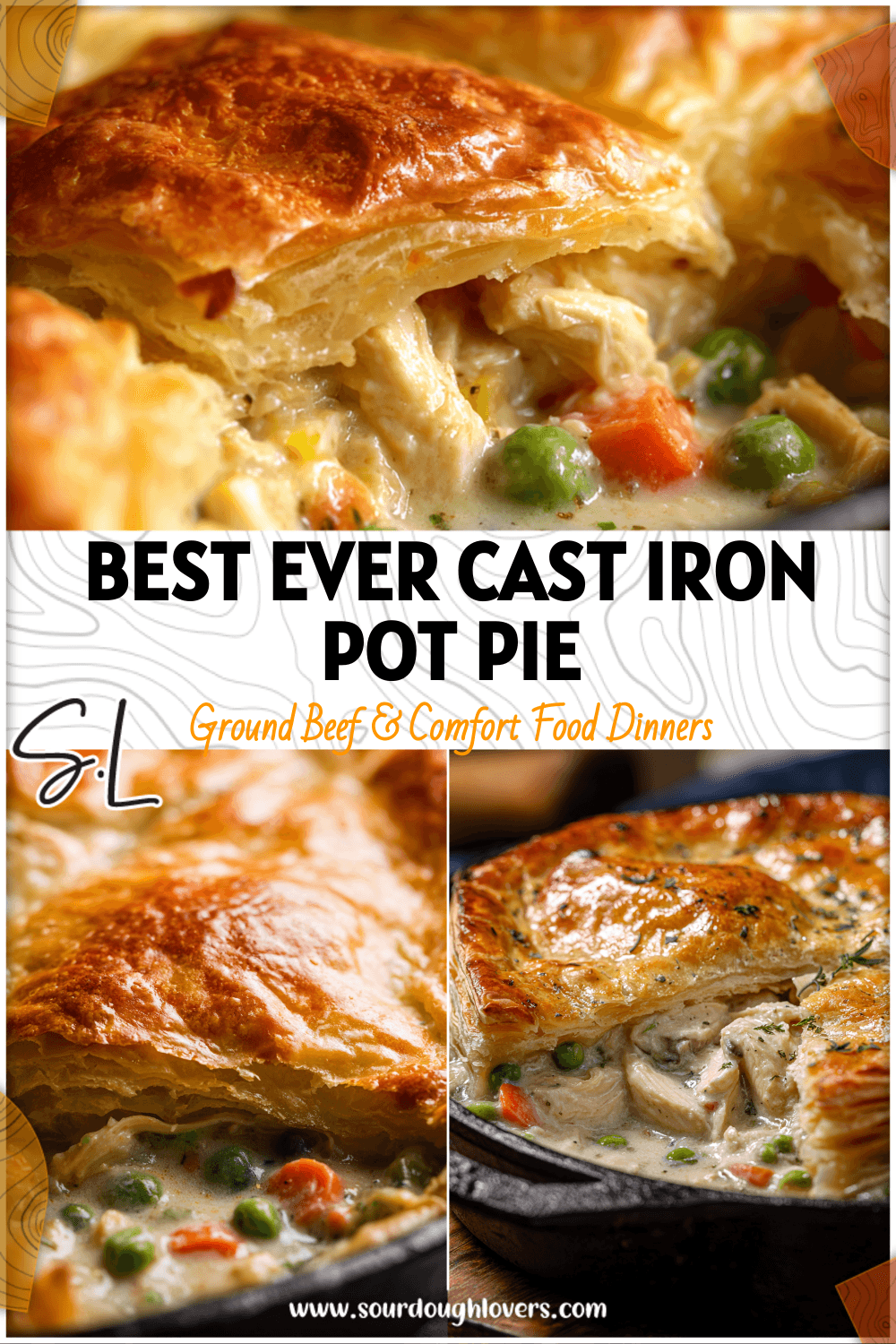 Golden puff pastry chicken pot pie baked in a cast iron skillet with creamy filling beneath the crust.