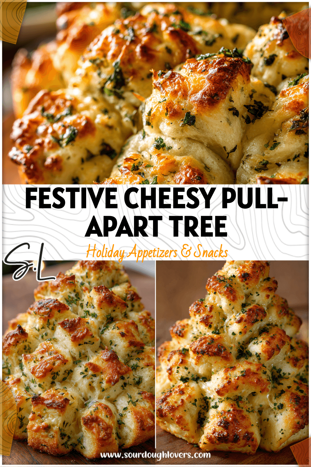 Golden Cheese Pull Apart Christmas Tree made from garlic knots shaped like a festive holiday bread tree.