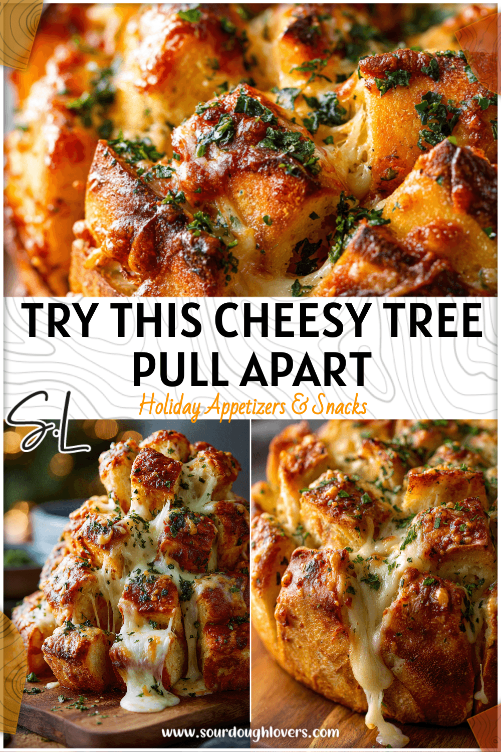 Cheese Pull Apart Christmas Tree bread shaped like a tree with melted mozzarella and herbs on top.